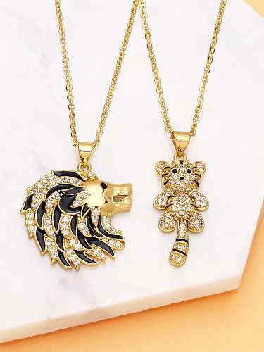 Brass Cubic Zirconia Tiger Lion Head Vintage Necklace
