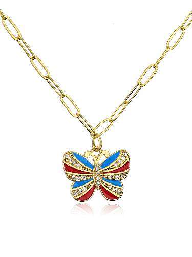 Brass Cubic Zirconia Enamel Butterfly Hip Hop Necklace