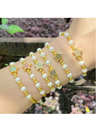 Bracelet perlé vintage en laiton avec zircon cubique et pentagramme