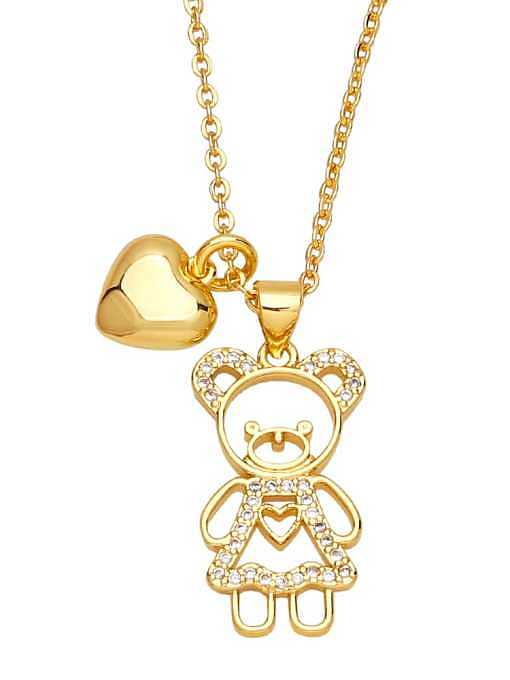 Brass Cubic Zirconia Heart Vintage Love Bear Sweater Chain Necklace