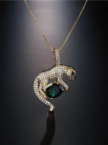 Brass Cubic Zirconia Vintage Leopard Pendant Necklace