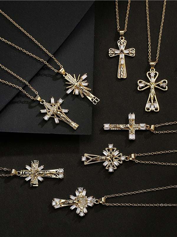 Brass Cubic Zirconia Cross Vintage Regligious Necklace