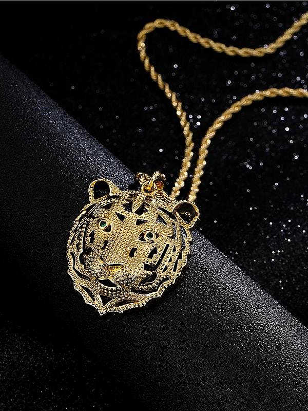 Brass Cubic Zirconia Vintage Tiger Head Pendant Necklace