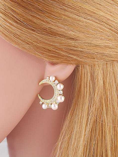 Brass Cubic Zirconia Moon Dainty Stud Earring