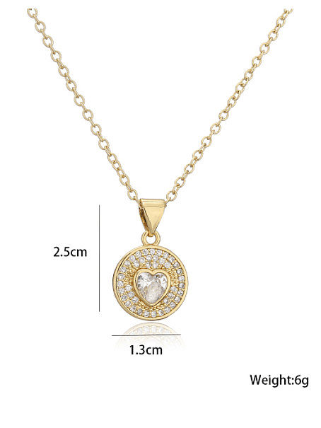 Brass Cubic Zirconia Heart Minimalist Round Pendant Necklace