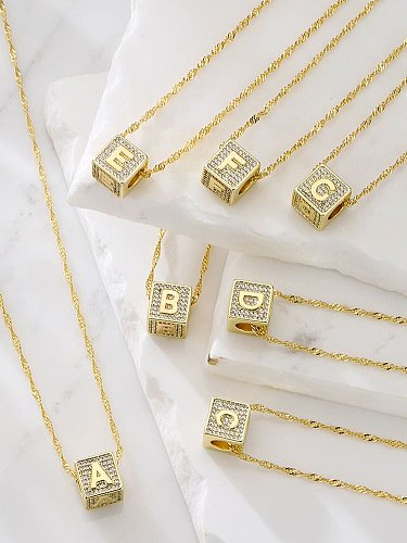 Brass Cubic Zirconia Square Hip Hop Letter Pendant Necklace