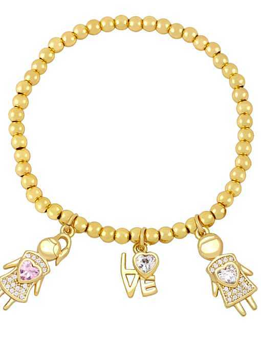 Bracelet perlé vintage en laiton avec zircon cubique et cœur