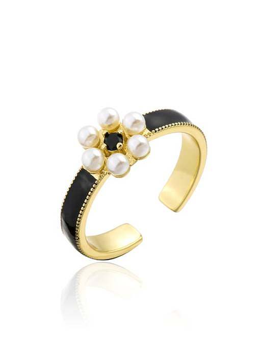 Brass Enamel Imitation Pearl Flower Vintage Band Ring