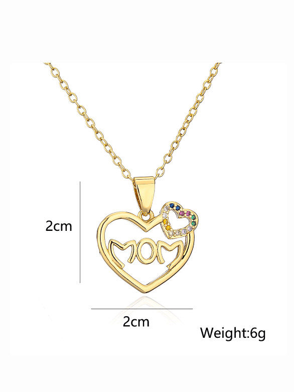 Brass Cubic Zirconia Dainty Heart Letter MOM Pendant Necklace