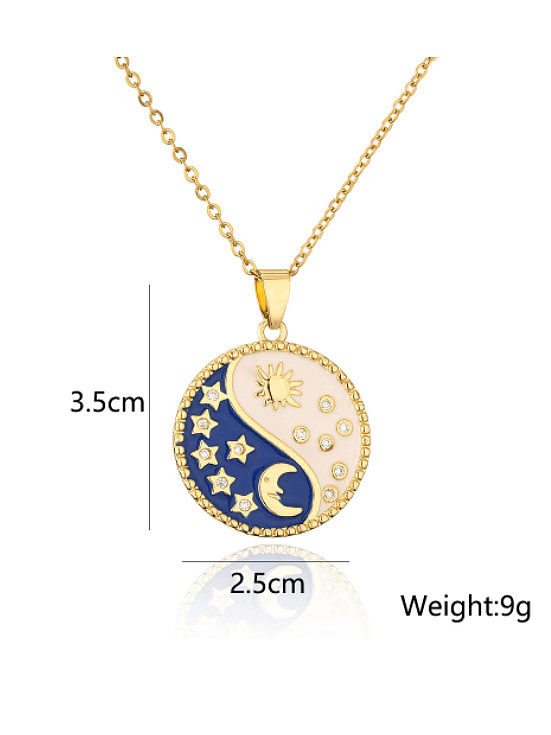 Brass Cubic Zirconia Enamel Star Moon Vintage Round Pendant Necklace