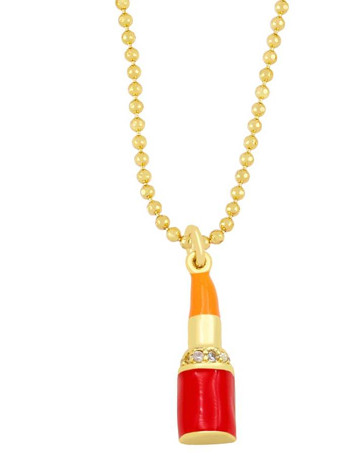 Brass Cubic Zirconia Enamel Irregular Lipstick Pendant Necklace