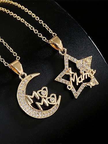 Brass Cubic Zirconia Star Moon Vintage Letter Necklace