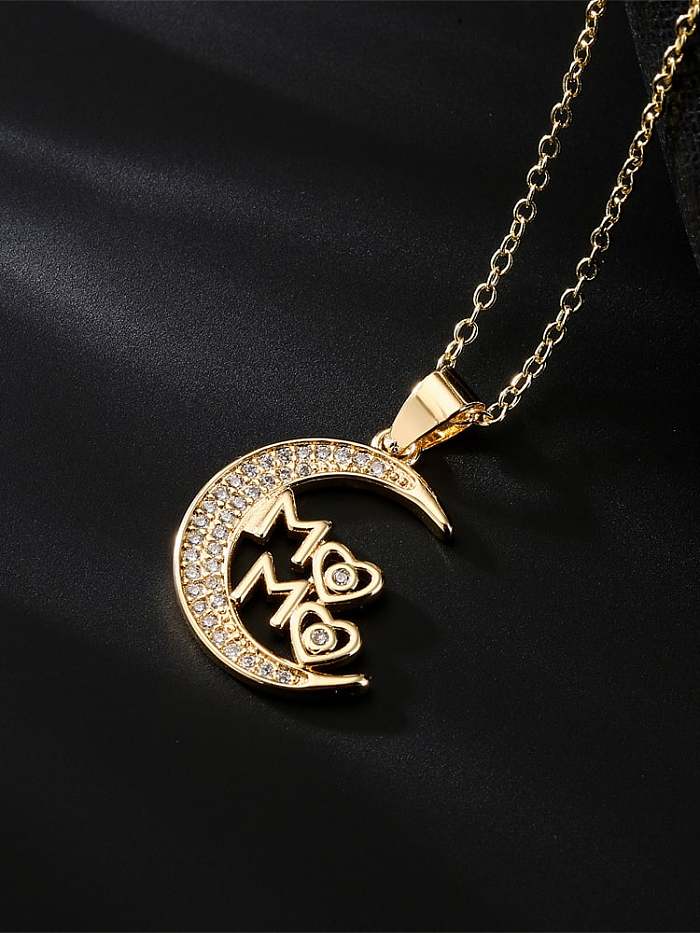 Brass Cubic Zirconia Star Moon Vintage Letter Necklace