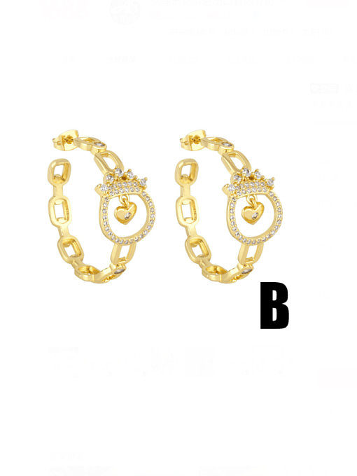 Brass Cubic Zirconia C Shape Crown Vintage Stud Earring