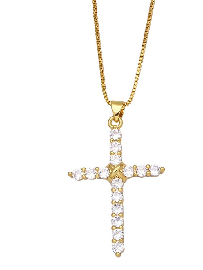 Brass Cubic Zirconia Cross Vintage Round Pendant Necklace
