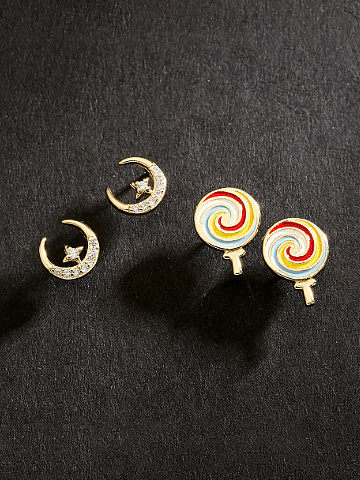 Brass Cubic Zirconia Moon Vintage Stud Earring