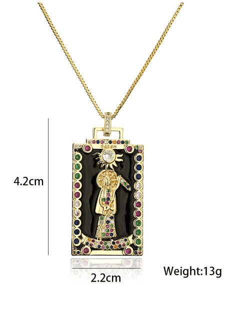 Collier pendentif prêtre vintage en laiton avec strass et émail rectangle