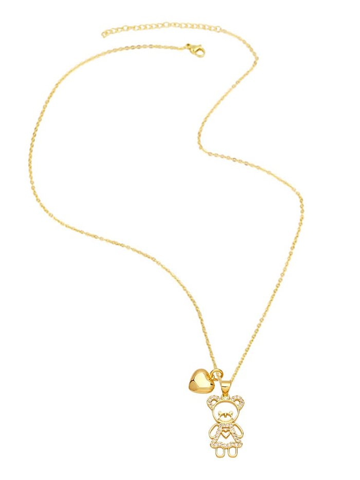 Brass Cubic Zirconia Heart Vintage Love Bear Sweater Chain Necklace
