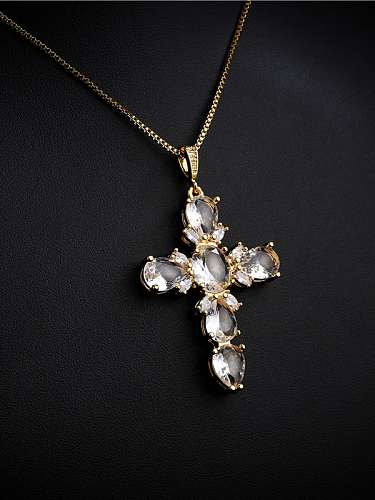 Brass Cubic Zirconia Cross Vintage Regligious Necklace