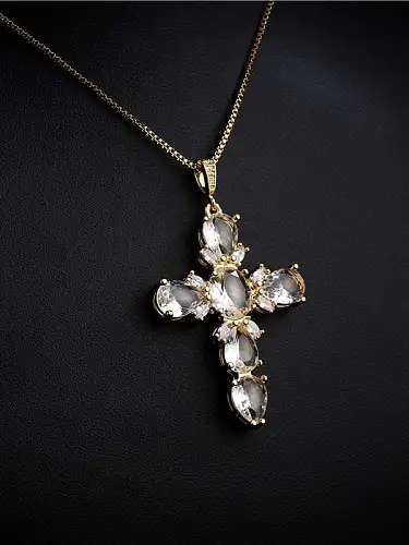Brass Cubic Zirconia Cross Vintage Regligious Necklace