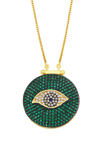 Brass Rhinestone Evil Eye Hip Hop Round Pendant Necklace