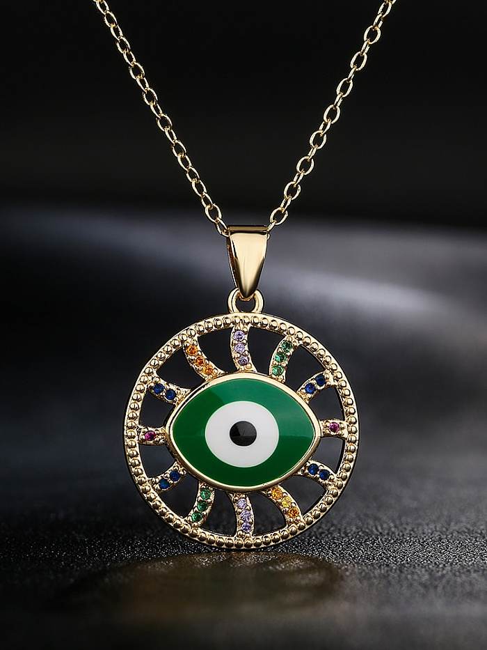 Brass Cubic Zirconia Enamel Evil Eye Vintage Hollow Round Pendant Necklace