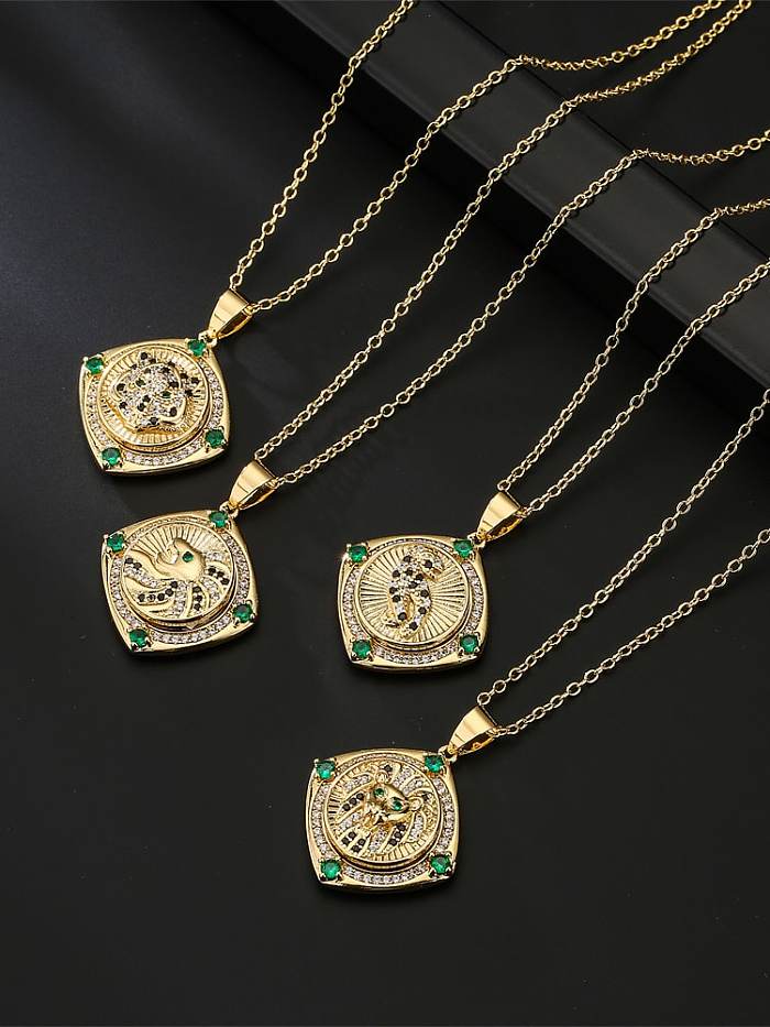 Brass Cubic Zirconia leopard Vintage Square Pendant Necklace