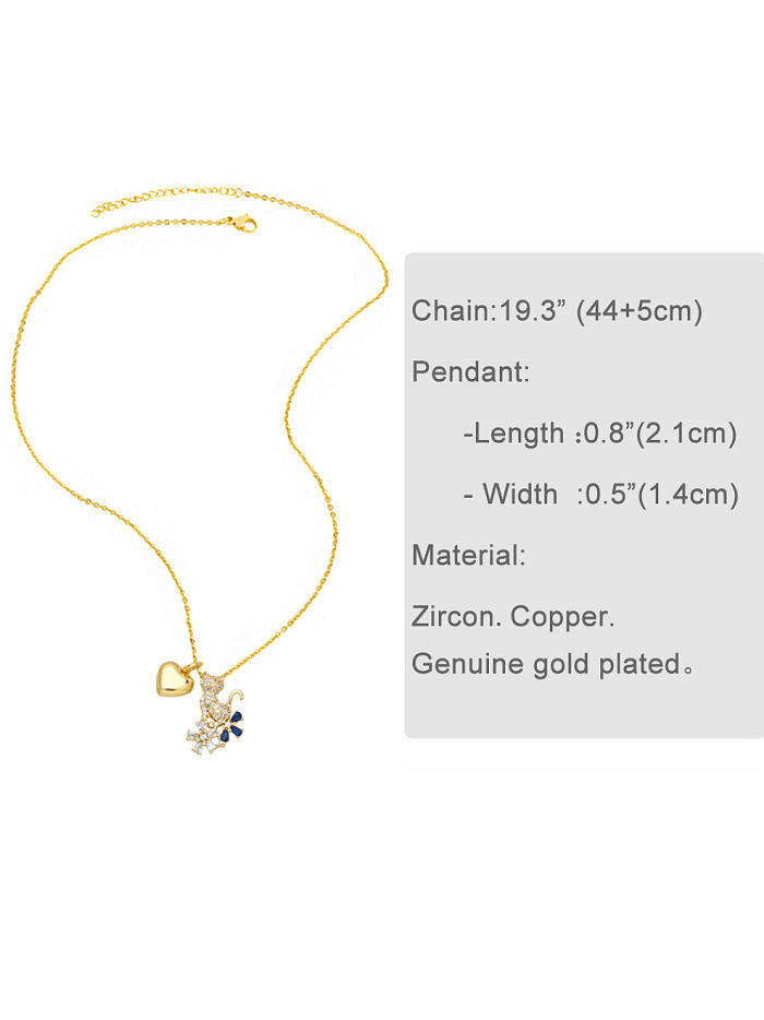 Brass Cubic Zirconia Heart Cute Animal Cat Double Pendant Necklace