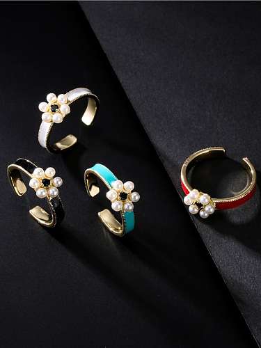 Brass Enamel Imitation Pearl Flower Vintage Band Ring