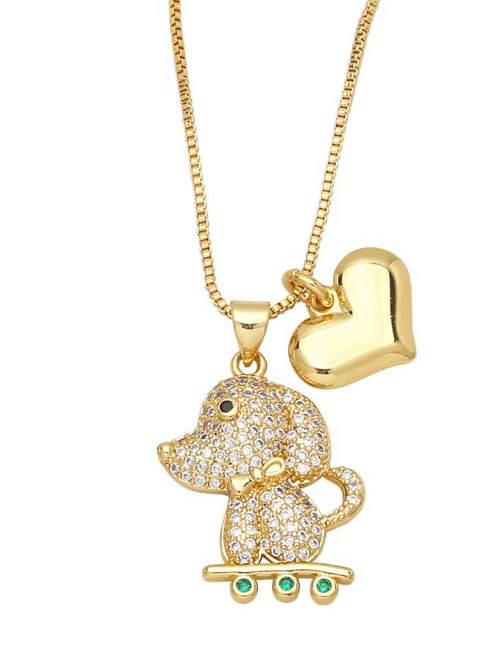 Brass Cubic Zirconia Heart Cute Dog Love Double Pendant Necklace