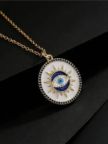 Brass Cubic Zirconia Enamel Evil Eye Vintage Round Pendant Necklace