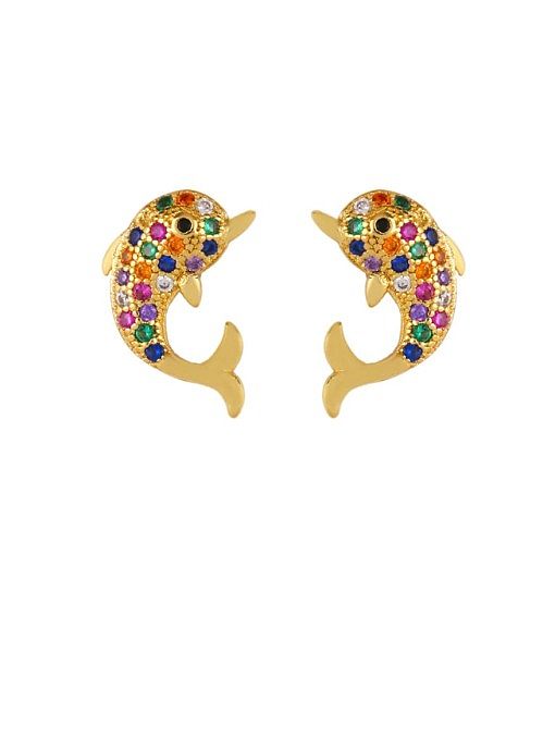Brass Cubic Zirconia Dolphin Cute Stud Earring