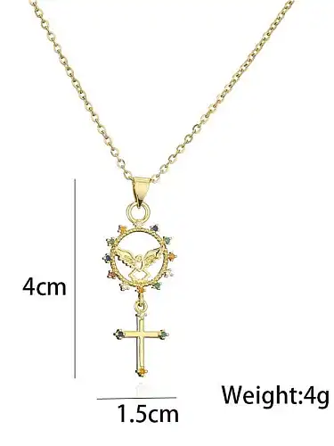 Brass Cubic Zirconia Key Vintage Cross Pendant Necklace