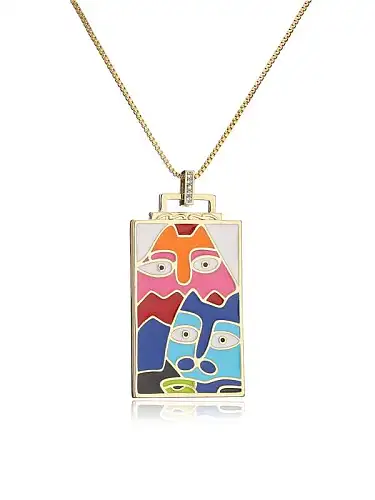 Brass Enamel Geometric Vintage Portrait Pendant Necklace