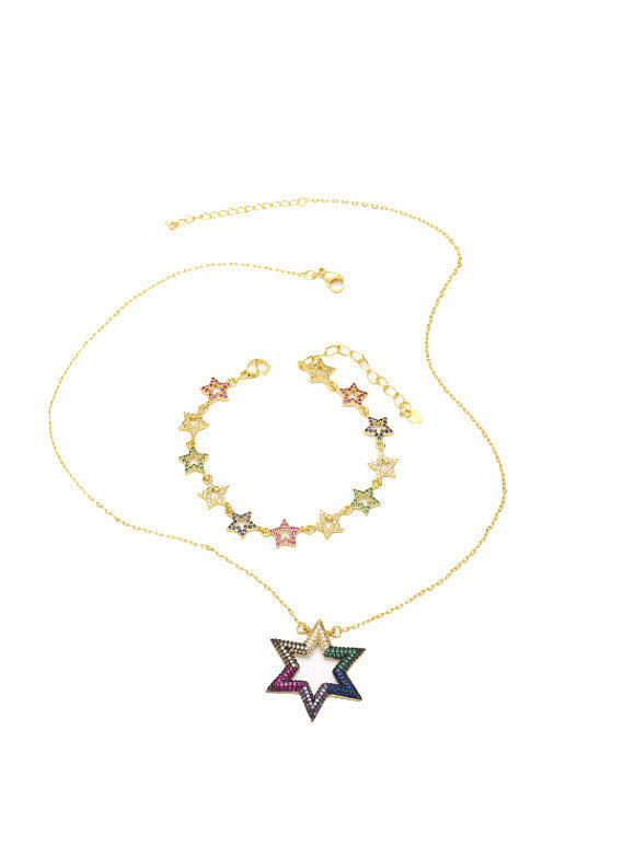 Ensemble bracelet et collier pentagramme vintage en laiton et zircon cubique