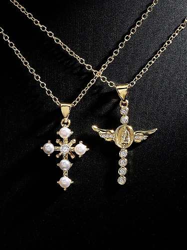 Messing Nachahmung Perle Kreuz Vintage Halskette