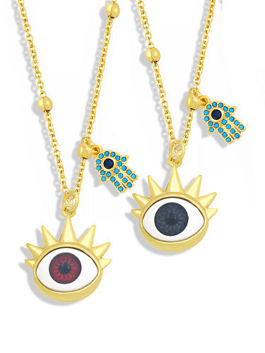 Brass Enamel Evil Eye Vintage Palm Pendant Necklace