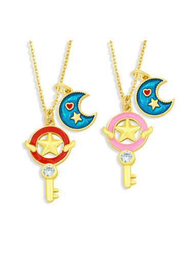 Brass Rhinestone Multi Color Enamel Key Minimalist Moon Pendant Necklace