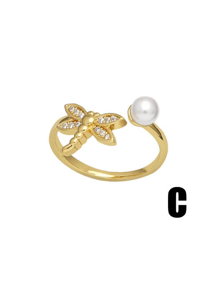 Brass Imitation Pearl Dragonfly Vintage Band Ring