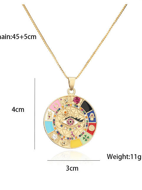 Brass Cubic Zirconia Enamel Evil Eye Vintage Round Pendant Necklace