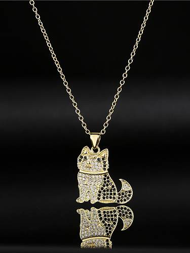 Brass Cubic Zirconia Vintage Cat Pendant Necklace
