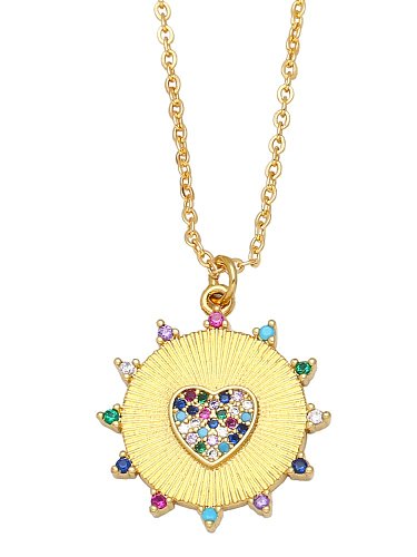 Brass Cubic Zirconia Heart Vintage Round Pendant Necklace