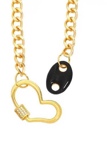 Brass Enamel Heart Hip Hop Hollow Chain Necklace