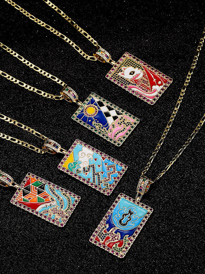 Halskette mit Anhänger aus Messing, Zirkonia, Emaille, Emaille, geometrisches Ölgemälde