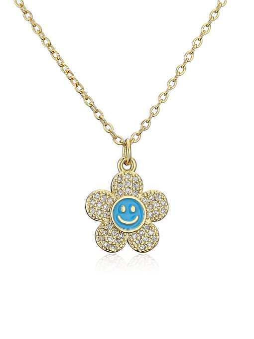 Brass Cubic Zirconia Enamel Smiley Trend Flower Pendant Necklace