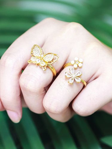 Brass Cubic Zirconia Butterfly Flower Vintage Band Ring