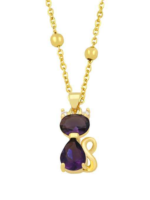 Brass Cubic Zirconia Vintage Cat Pendant Necklace