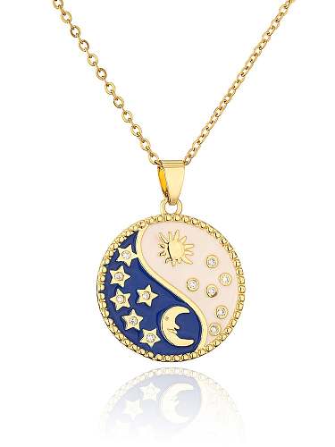 Brass Cubic Zirconia Enamel Star Moon Vintage Round Pendant Necklace