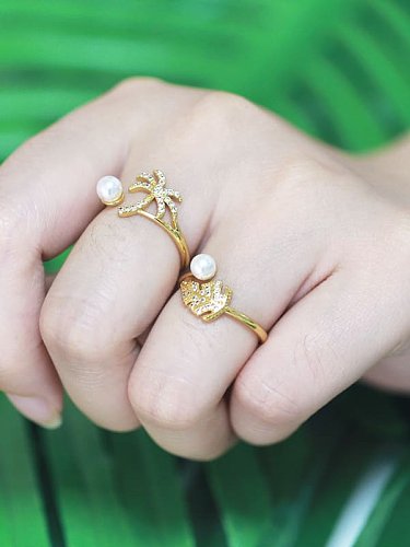 Brass Imitation Pearl Tree Vintage Band Ring