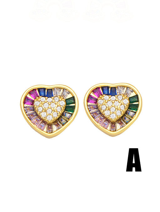 Brass Cubic Zirconia Rainbow Cute Heart Stud Earring